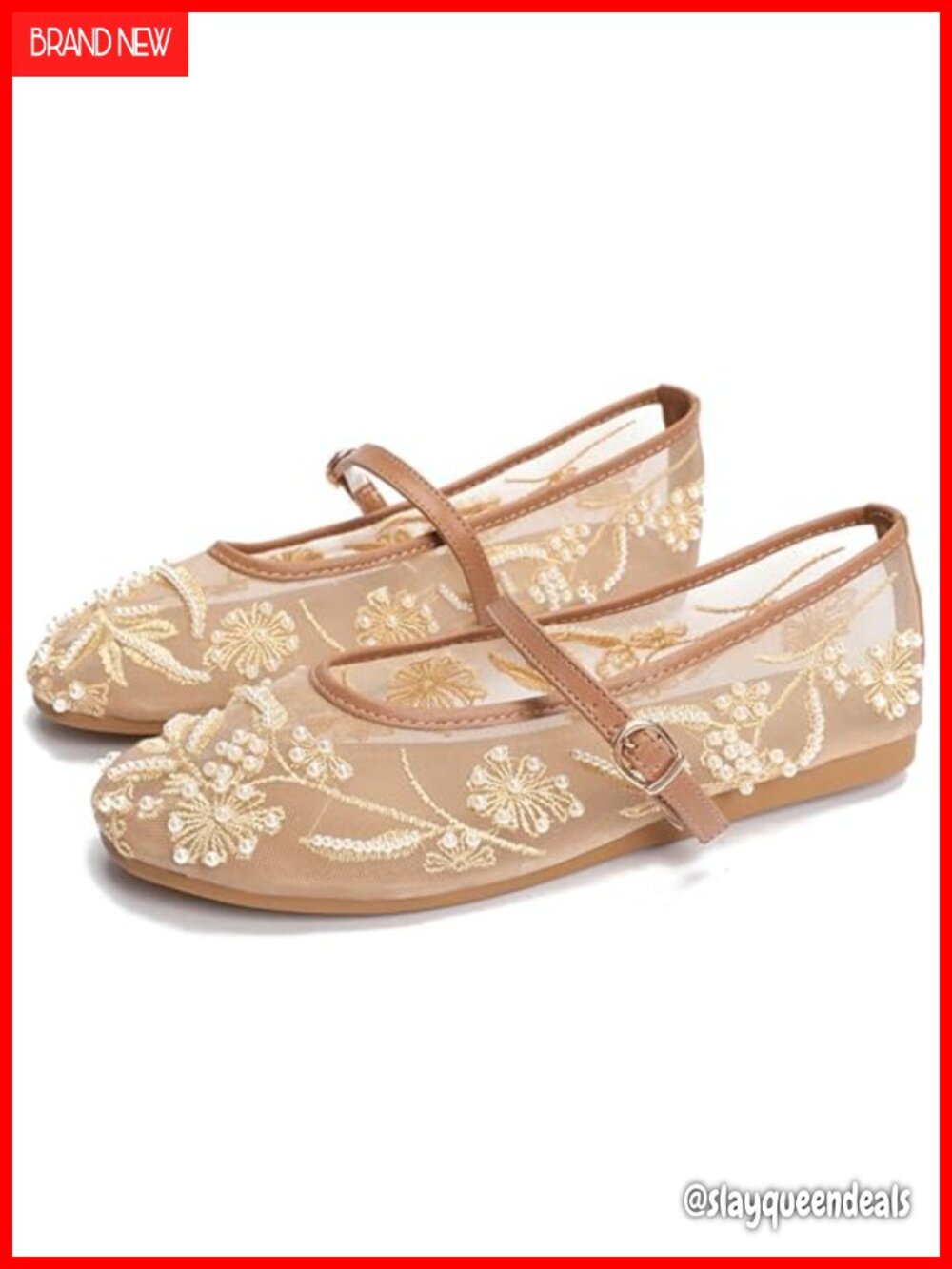Mesh Embroidered Flats Mary Jane Ballerina Shoes for Women